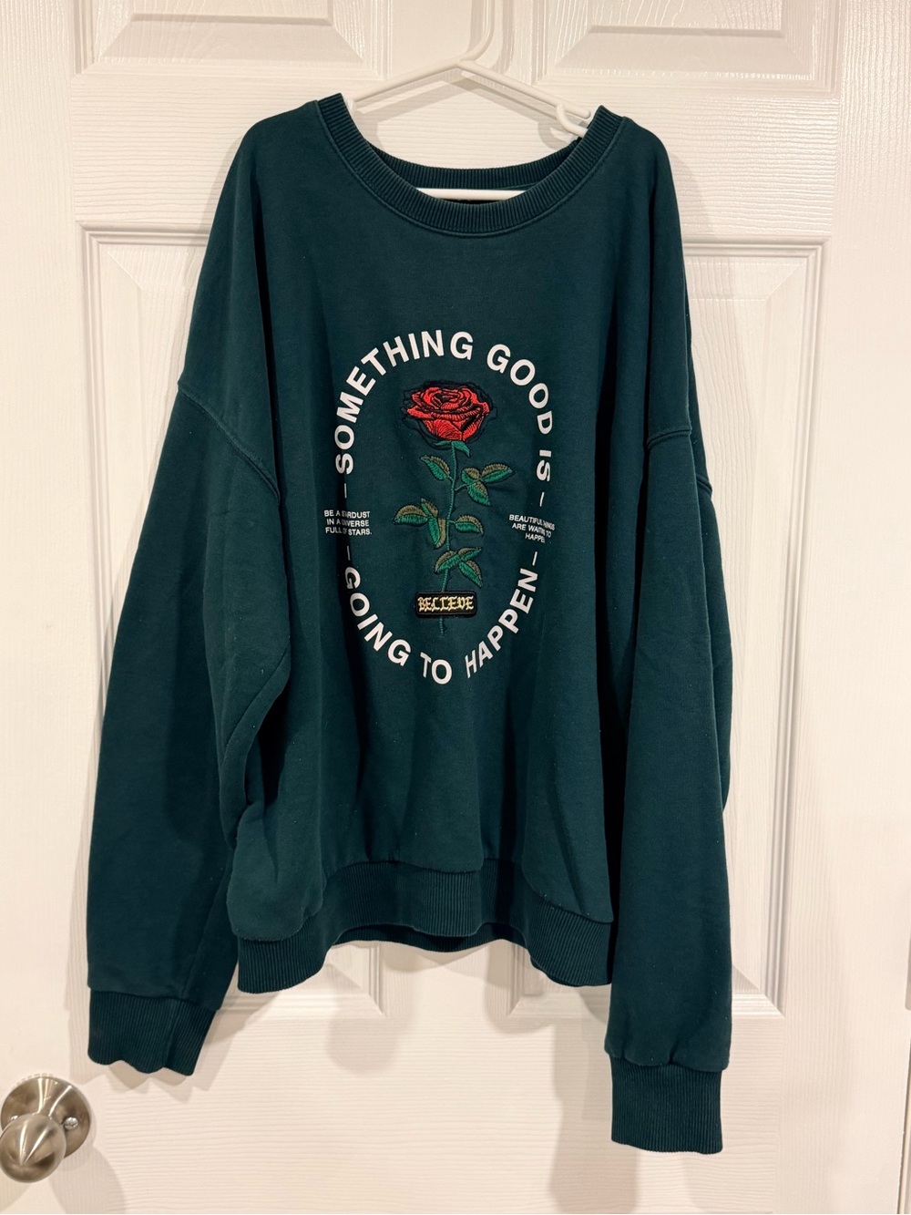 Forest Green Graphic Crewneck Sweater with Rose Print